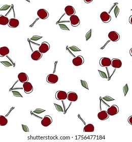 Patrón de cerdos sin foco. Cereza dulce de burdeos. Esbozo de caricatura. Fruta. Ideal para postales, pegatinas, tela y textiles. Fondo blanco aislado, ilustración vectorial, impresión.