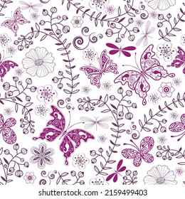 Seamless bicolor floral pattern with flowers, openwork butterflies and dragonflies on a transparent background. Vector eps 10