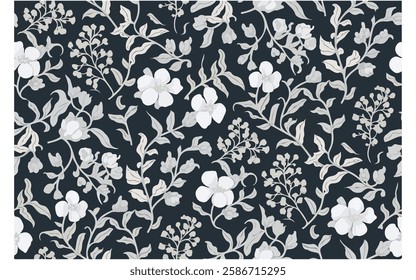 Seamless Bicolor Floral Silhouette Pattern with Leaves