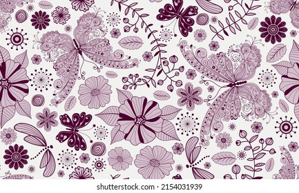 Seamless bicolor spring pattern with butterflies and flowers on a transparent background. Vector