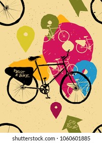 Seamless bicycle pattern with location marks on the pale yellow background with grunge texture. Abstract composition with bicycle parts and location marks - travel bicycle city tour concept