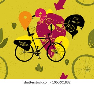 Seamless bicycle tour pattern on the green background with grunge texture - ecology concept