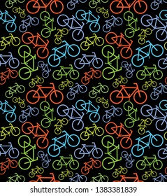 Seamless bicycles pattern. Colorfull icons on black background for sport pirnt in the wall or can be used for anything.