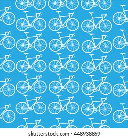Seamless bicycles pattern. White icons on blue background. Sport print