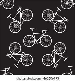 Seamless bicycles pattern. White icons on black background. Sport print