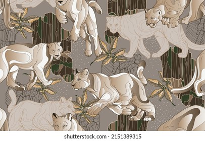 Seamless big cat pattern. Hawaiian t-shirt and swimwear tile.