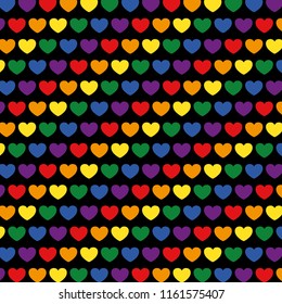 Seamless Big Colored Hearts Black Background Vector Pattern