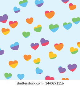 Seamless Big Fallen Pale Rainbow Colored Hearts Light Blue Background Vector Pattern