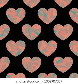 Seamless Big Gray Coral Turquoise Pale Blue Hearts With Geometric Filling Black Background Vector Pattern