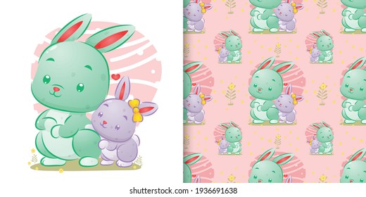 The seamless of the big rabbit standing beside her baby in the cute background of illustration