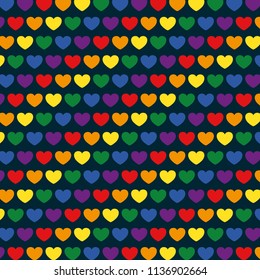 Seamless Big Rainbow Colored Hearts Deep Blue Background Vector Pattern