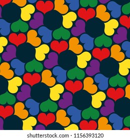Seamless Big Rainbow Colors Heart Grid Deep Blue Background Vector Pattern
