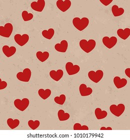 Seamless Big Red Fallen Hearts Brown Paper Structure Background Vector Pattern