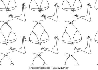 Patrón de bikini sin costuras con estilo de contorno dibujado a mano sobre fondo transparente. Diseño de moda de verano mínimo para tela, ropa o decoración.


