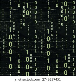 Seamless binary code background with green glowing zeros and ones on a dark digital matrix.