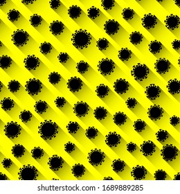 Seamless biohazard warning pattern with black signs of coronavirus on a yellow background. Viral attack.