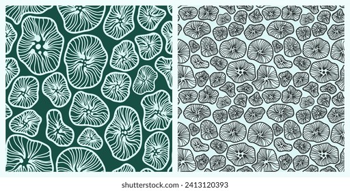 Seamless bionic concise double set, molecule, virus, marine, natural, handmade fashion pattern for fabric design, decor, ceramics, cards, flowers, texture print on light and dark backgrounds