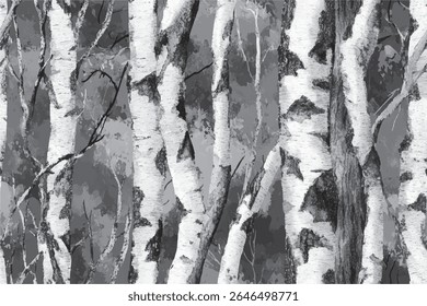 Motif harmonieux de camouflage de bouleau en nuances de gris pour équipement de chasse d'hiver, conception de vêtements, tissu et décor nature.
