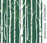 Seamless birch tree forest pattern on dark green background. Vector illustration of white wood trunks with leaves for woodland wallpaper, nature textile print or wrapping paper.
