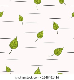 Seamless birch tree pattern of green leaves and bark with black stripes. Repeating vector spring background with leaves for print, wallpaper, package, textile, banner, phonecase, cover design.