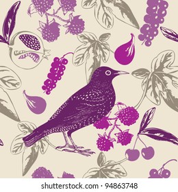 Seamless Bird and Berry Pattern