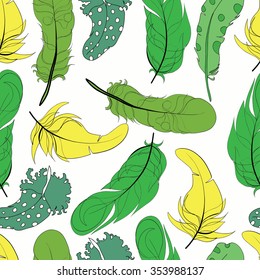 Seamless bird feather vector pattern background. Endless colorful texture. Parrot colorful green yellow feathers. 