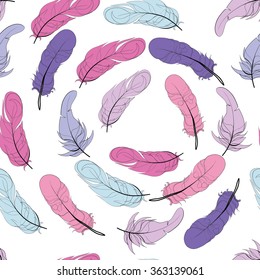 Seamless bird feather vector pattern background. Endless colorful texture. Pink blue purple feathers on white