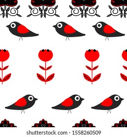 Seamless bird and flower pattern. Folklore pattern. Ornaments and patterns are folk. On a white background. Vector.