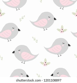Seamless bird and grass pattern for printing on postcards, banners, textiles, baby Wallpaper, wrapping paper, bedding. Vector illustration. Set of elements for design on a winter theme.