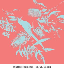 Motif harmonieux d'oiseau sur arbre avec feuilles et fleur sur fond rose poussiéreux.