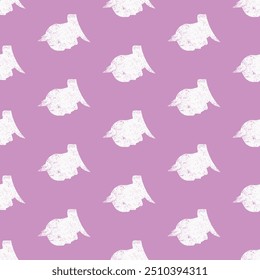 Seamless bird ornament doodle pattern. Pink animal silhouettes on purple background. Flat nature print.