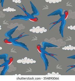 Seamless bird pattern with cute swallows in the clouds. Vector illustration. Design for fabrics, textiles, paper, wallpaper. EPS 8