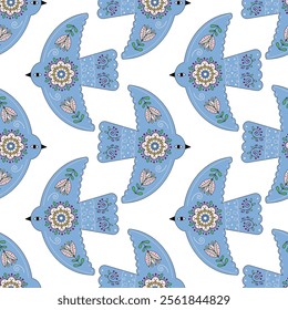 Seamless bird pattern with floral ornament in Scandinavian folk style