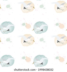 Seamless bird pattern and watercolor spots and splashes in digital techniques. For wallpaper, textiles, gift packages, websites. Vector eps10