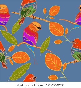 Seamless bird and plant trendy pattern vector