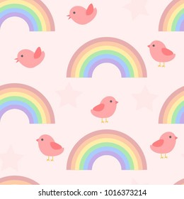 Seamless bird and rainbow baby pattern on a pink background
