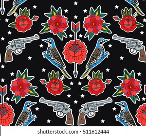 Seamless bird, rose and gun pattern. Set of stickers, pins, patches and handwritten notes collection in cartoon. Vector illustration