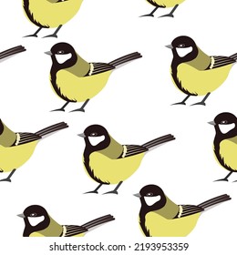 Seamless bird tit pattern on a white background.Vector pattern can be used in textiles, postcards, packages.