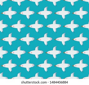 Seamless bird vector pattern. The background of the flying white Seagull in the blue sky. Cute cartoon style. Child pattern. Hand-drawn. For textile, fabric, packaging, wrapping paper, website.