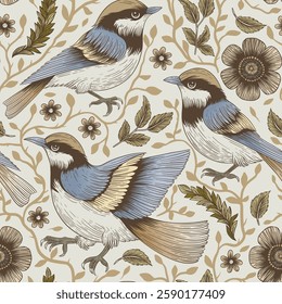 Seamless Bird Vintage Pattern With Hand-Drawn Floral Elements Vector Boho Art Nouveau Folklore Garden