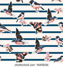 seamless birds with flower on stripe background