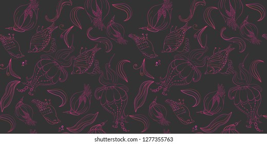 Seamless birds and flowers abstract pattern. Textile art hand drawn art
