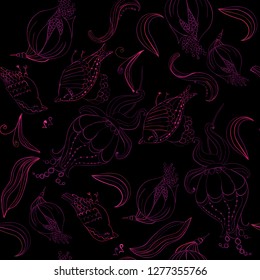 Seamless birds and flowers abstract pattern. Textile art hand drawn art