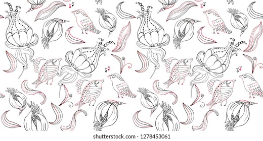 Seamless birds and flowers abstract pattern. Textile art hand drawn art