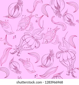 Seamless birds and flowers abstract pattern. Textile art hand drawn art