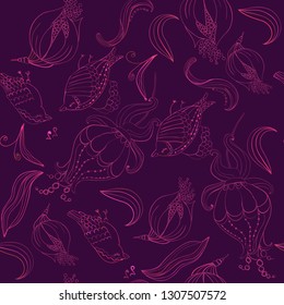 Seamless birds and flowers abstract pattern. Textile art hand drawn art