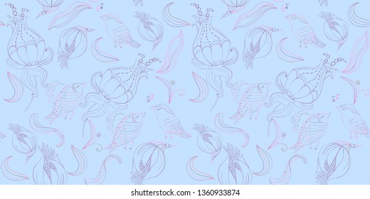 Seamless birds and flowers abstract pattern. Textile art hand drawn art