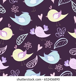 Seamless birds pattern with cute Birds, feather in cartoon hand drawn style.   