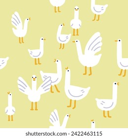 Seamless birds pattern, cute funny goose. Farm geese, endless background, texture. Repeating print, poultry. Printable repeatable flat vector illustration for fabric, textile, wallpaper design