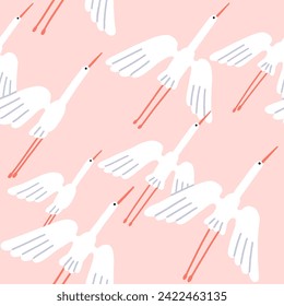 Seamless birds pattern design. Cranes, white feathered herons flock flying. Endless background, repeating print, flight. Printable repeatable flat vector illustration for fabric, textile, wallpaper